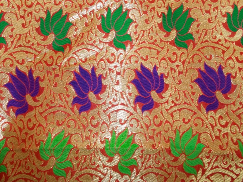 One yard of Indian sari Banarasi brocade in red and gold in a flower and vine pattern image 2