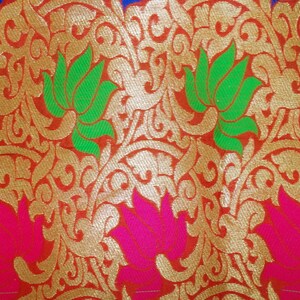 One yard of Indian sari Banarasi brocade in red and gold in a flower and vine pattern image 3