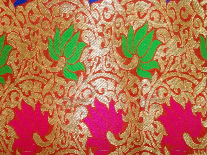 One yard of Indian sari Banarasi brocade in red and gold in a flower and vine pattern image 3