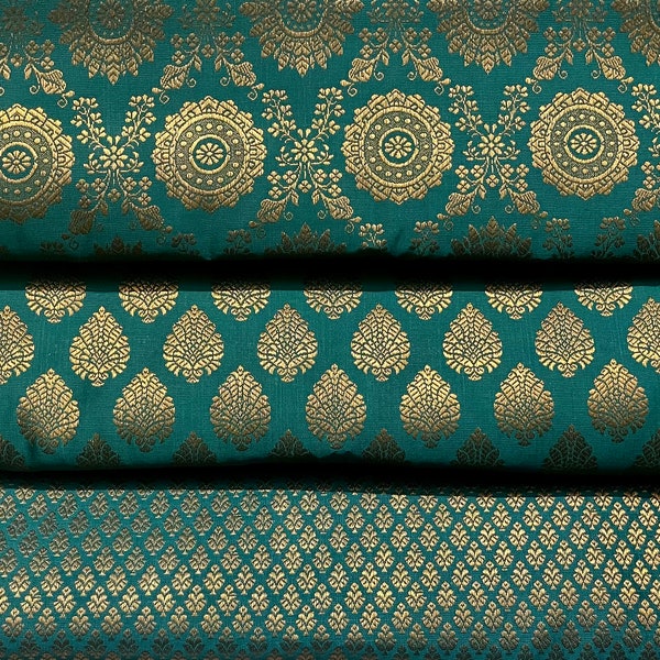 Bundle/Stack of teal green Indian brocade set of three fat quarters DIY fabric /home decor/cushions/doll clothes fabric