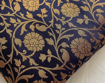 One yard navy blue Copper Indian sari Brocade in a flower vine pattern/DIY fabric by the yard  / Banarasi brocade/ costume,dress fabric