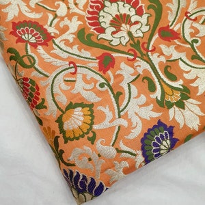 Beautiful Pastel peach and gold 100 % pure silk brocade fat quarter with a flower motif pattern/ pure benarasi Indian silk sari fabric