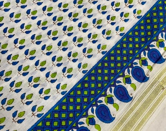 One yard of white and blue printed cotton fabric,cotton fabric,Indian cotton fabric by the yard