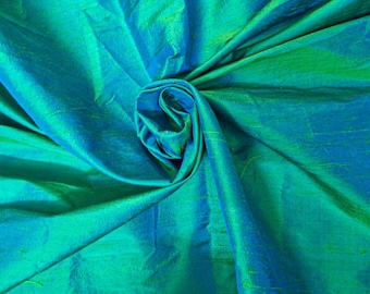 Green with a dual tone of blue  Dupioni Silk Fabric by the Yard Pure Raw Silk for DIY Sewing, Wedding Gowns, Bridesmaid Dresses, Curtains