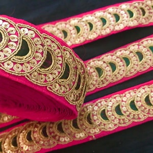 Two Yards Indian decorative sari border in hot pink with a green and gold/Indian sari trim/trim by yardage/lace and ribbon/craft trim