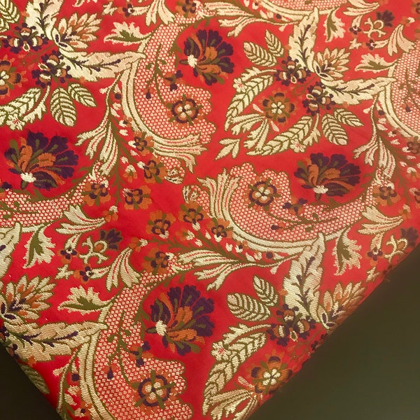 Red pure silk brocade fat quarter with a gorgeous flower pattern/ khimkhab silk brocade /Indian sari fabric