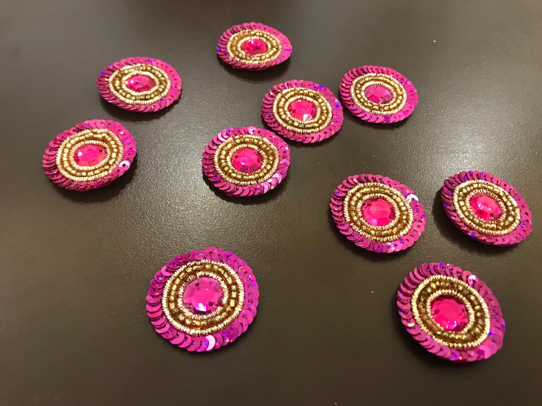 Ten Pink Round Hand Embroidered Applique Beaded Bridal Applique