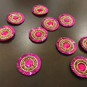 Ten Pink Round hand embroidered applique Beaded bridal applique  Rhinestone applique Golden applique Beaded applique headband applique
