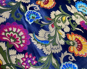 Khimkhab/ khimkhwab navy blue 18”x18”  pure silk brocade fat quarter with a flower motif pattern/ pure Banarasi  Indian silk sari fabric