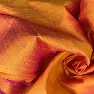 Orange with Pink Dupioni Silk Fabric By the Yard Pure Luxury Raw Silk for DIY Sewing Wedding Gowns, Bridesmaid Dresses, Curtains, Upholstery