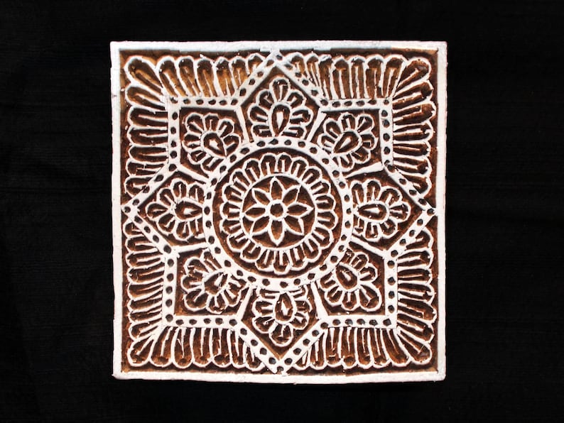 Square Indian block printing stamps/hand carved Indian wooden block for printing/textile pottery stamp/tjap paper fabric printing stamp image 1