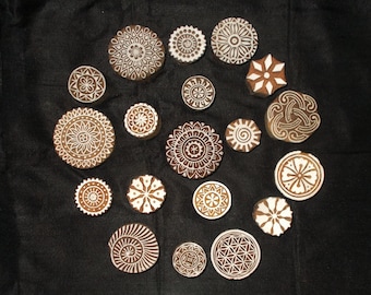 Set of 20 Circle Mandala pottery stamps/tjap /Indian block printing stamps/ wooden block for printing/ paper and fabric printing stamp