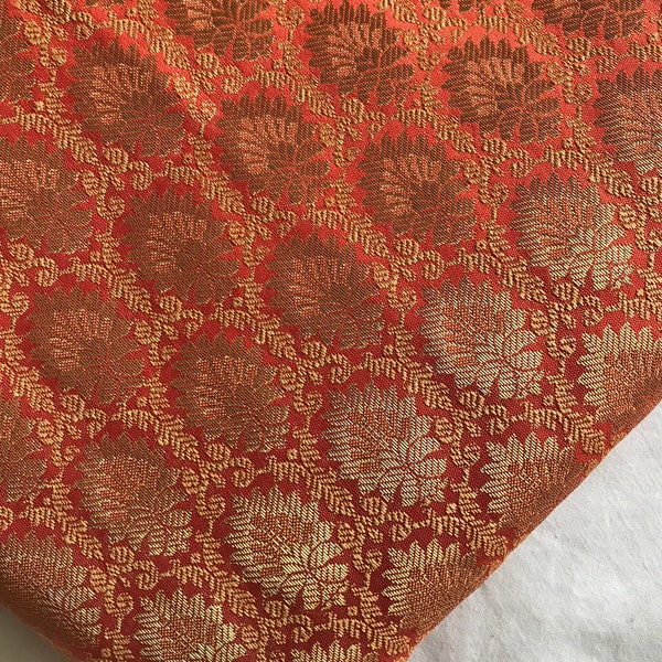 One yard Peach Gold Indian Brocade Fabric by the Yard for DIY craft, drapery, upholstery, doll clothes, dress, sari, cushion cover, curtains