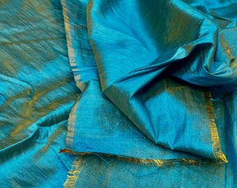 Teal blue  with mustard dual tone Dupioni Silk Fabric By the Yard Pure Luxury Raw Silk for DIY Sewing Wedding Gowns, Bridesmaid Dresses