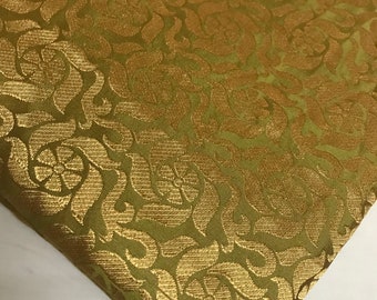 One yard of Indian brocade sari fabric in beige gold with gold floral vine design/Costume fabric/doll clothes fabric/dress fabric/Benarasi