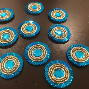 Zehn Blau Runde Hand gestickte Applikation Perlen Braut Applikation Strass Applikation Goldene Applikation Perlen Applikation Stirnband Applikation