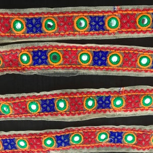 By the yard 1”/2.5 cms Indian decorative sari ribbon with faux mirrors in red,green and blue/gypsy trim/Banjara trim/colourful trim