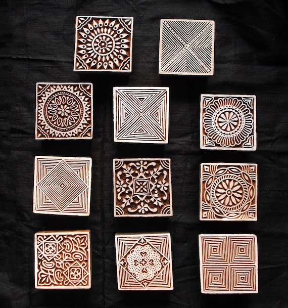 Bargain Set of 11 Square Indian wooden block stamp/ stamps/ tjap for printing on textile/ pottery/ paper and fabric