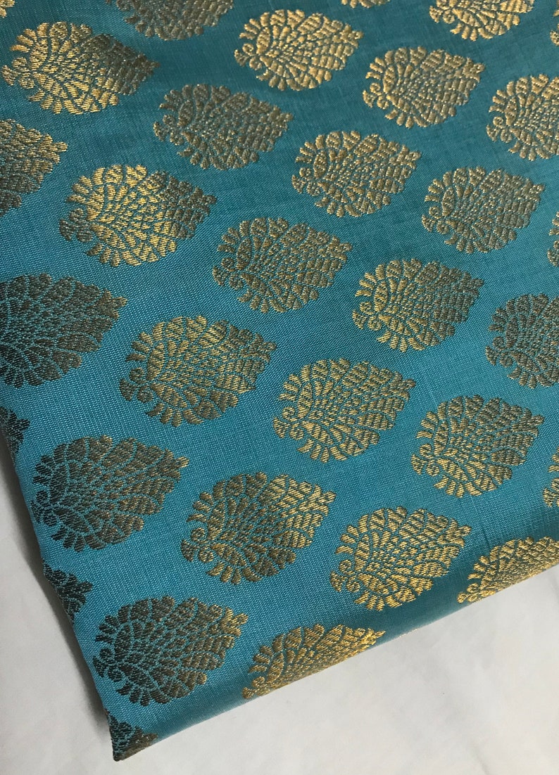 One yard of Indian brocade fabric in aqua blue and gold paisley brocade fabricBenarasi brocade costume fabric