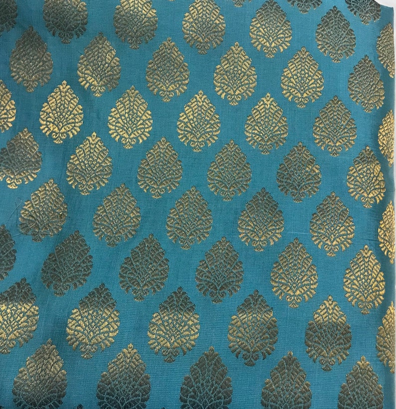 One yard of Indian brocade fabric in aqua blue and gold paisley brocade fabricBenarasi brocade costume fabric