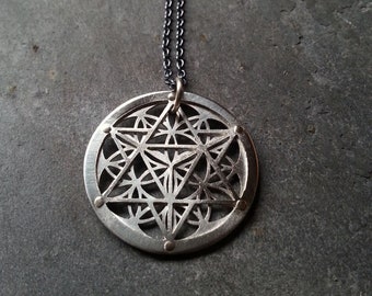 Handcrafted Star Tetrahedron and Flower of Life Pendant - sterling silver and 9ct gold - Sacred Geometry Jewelry