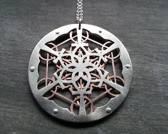 Handcrafted Ankh Lotus Mandala and Metatron's Cube Pendant - sterling silver and copper - Sacred Geometry Jewellery