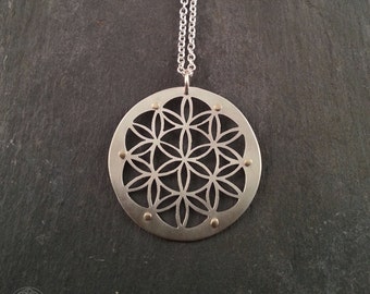 Handcrafted Silver Flower of Life Pendant with 9ct gold rivets - Sacred Geometry Jewellery