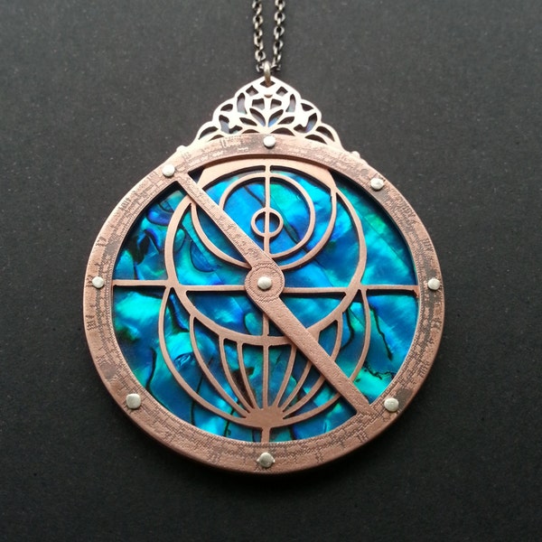 Planispheric Astrolabe Pendant - Handcut oxidised copper, 9ct gold, sterling silver and paua shell