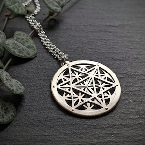 Handcut Star Tetrahedron and Flower of Life Pendant - sterling silver and 9ct gold - Sacred Geometry Jewelry