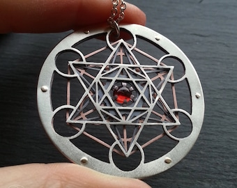 Handcrafted Large Red Garnet Metatron's Cube Pendant - triple layer sterling silver, copper and 9ct gold - Sacred Geometry Jewellery