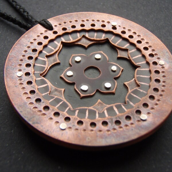 Mandala multi-layered Flower Pendant - oxidised copper and wood