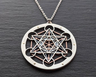 Handcrafted Metatron's Cube Pendant - triple layer sterling silver, oxidised copper and 9ct gold