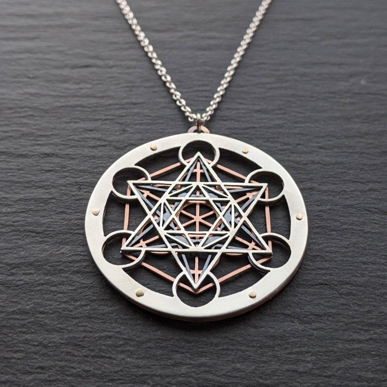 Handcrafted Metatron's Cube Pendant triple layer sterling silver, oxidised copper and 9ct gold image 1