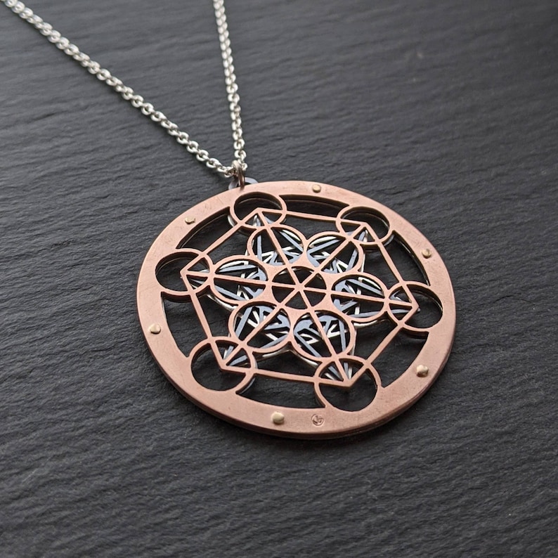 Handcrafted Metatron's Cube Pendant triple layer sterling silver, oxidised copper and 9ct gold image 7