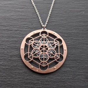 Handcrafted Metatron's Cube Pendant triple layer sterling silver, oxidised copper and 9ct gold image 6