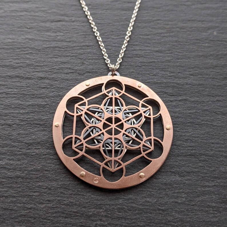 Handcrafted Metatron's Cube Pendant triple layer sterling silver, oxidised copper and 9ct gold image 6