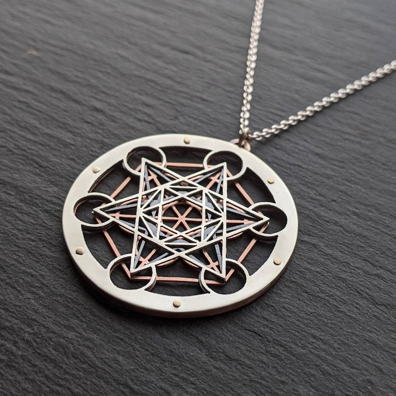 Handcrafted Metatron's Cube Pendant triple layer sterling silver, oxidised copper and 9ct gold image 8