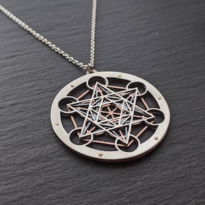 Handcrafted Metatron's Cube Pendant triple layer sterling silver, oxidised copper and 9ct gold image 2