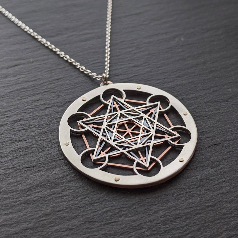 Handcrafted Metatron's Cube Pendant triple layer sterling silver, oxidised copper and 9ct gold image 2