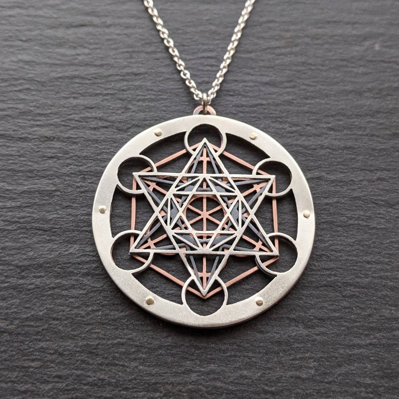 Handcrafted Metatron's Cube Pendant triple layer sterling silver, oxidised copper and 9ct gold image 9