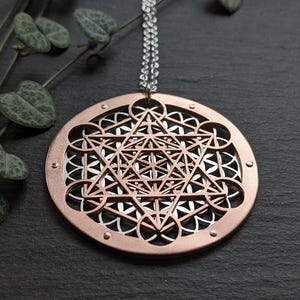 Handcut Large Metatron&#39;s Cube and Flower of Life Pendant - sterling silver, copper and 9ct gold.