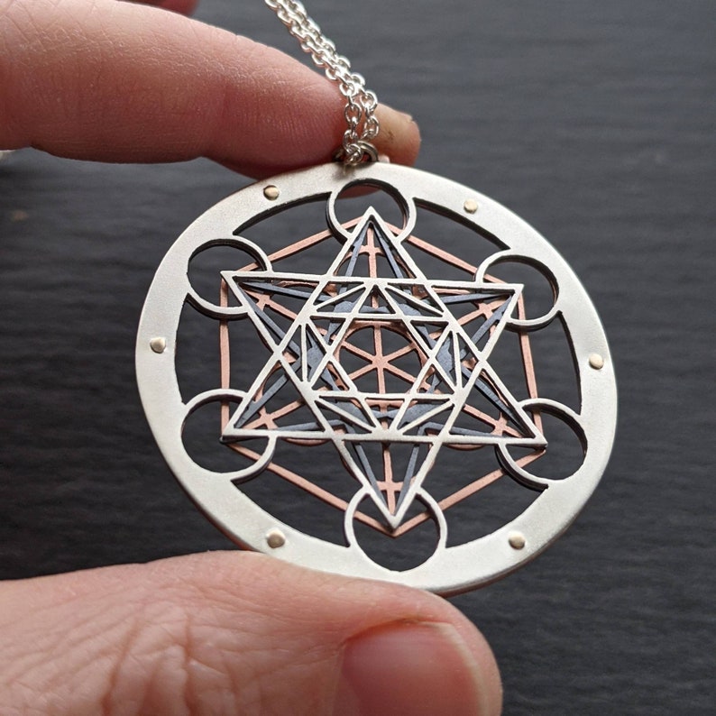 Handcrafted Metatron's Cube Pendant triple layer sterling silver, oxidised copper and 9ct gold image 3