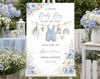 Editable Boy Clothline Baby Shower Welcome Sign - Blue Floral, Sweet Baby Boy Is On His Way, Canva Template Digital and Printable 3 Sizes.