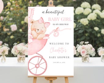 Rosa Babyparty-Willkommensschild für Baby-Mädchen - 3 Größen bearbeitbare Canva-Vorlage
