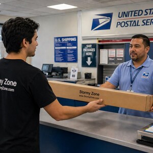 May include: A person in a black t-shirt with "Stormy Zone" and a website address on the back hands a cardboard box to a postal worker. The postal worker wears a blue shirt with a USPS logo. The scene takes place at a United States Postal Service location.