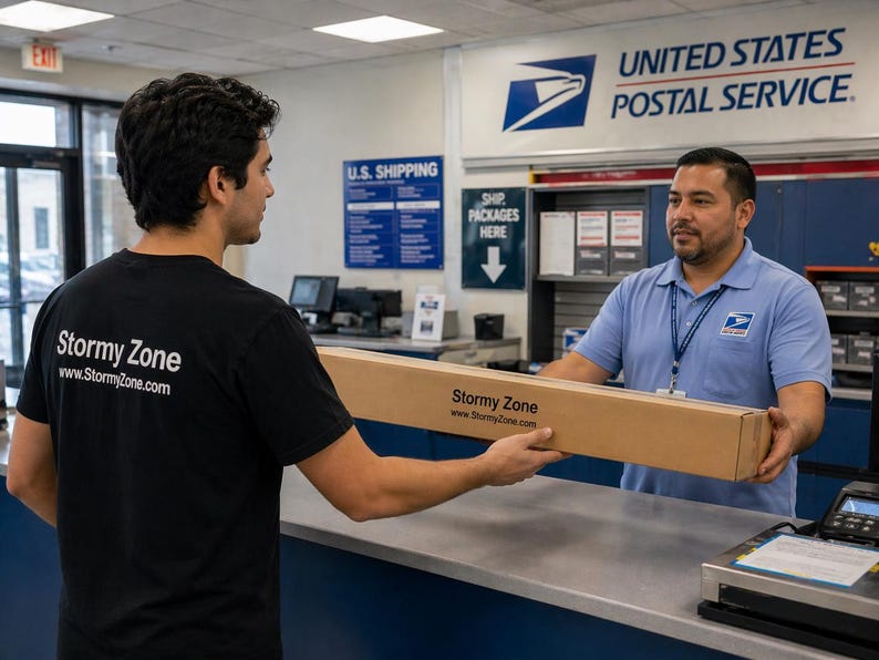 May include: A person in a black t-shirt with "Stormy Zone" and a website address on the back hands a cardboard box to a postal worker. The postal worker wears a blue shirt with a USPS logo. The scene takes place at a United States Postal Service location.