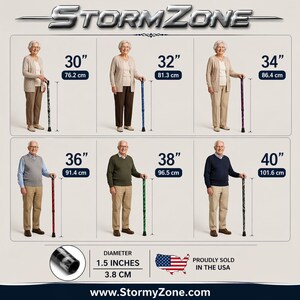 May include: Image showcasing StormZone walking canes in various lengths, from 30" (76.2 cm) to 40" (101.6 cm). Each cane has a diameter of 1.5 inches (3.8 cm). The image includes people using the canes and text indicating they are proudly sold in the USA.
