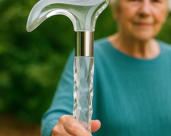May include: A clear, transparent walking cane featuring a smooth, curved handle and a faceted, textured shaft. A polished silver-tone metal collar connects the handle to the shaft, providing a distinct contrast to the clear material.