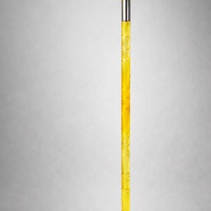 May include: A transparent yellow walking cane with a curved handle. The cane has a silver metal band near the top and bottom. The shaft has a textured, bubbly appearance. The cane is a stylish mobility aid.