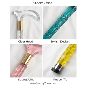 May include: A collection of transparent and colorful walking canes. The canes feature clear, pink, teal, and yellow shafts with a variety of designs. Each cane has a gold-colored joint and a rubber tip. The text "StormZone" and "www.StormyZone.com" are visible.
